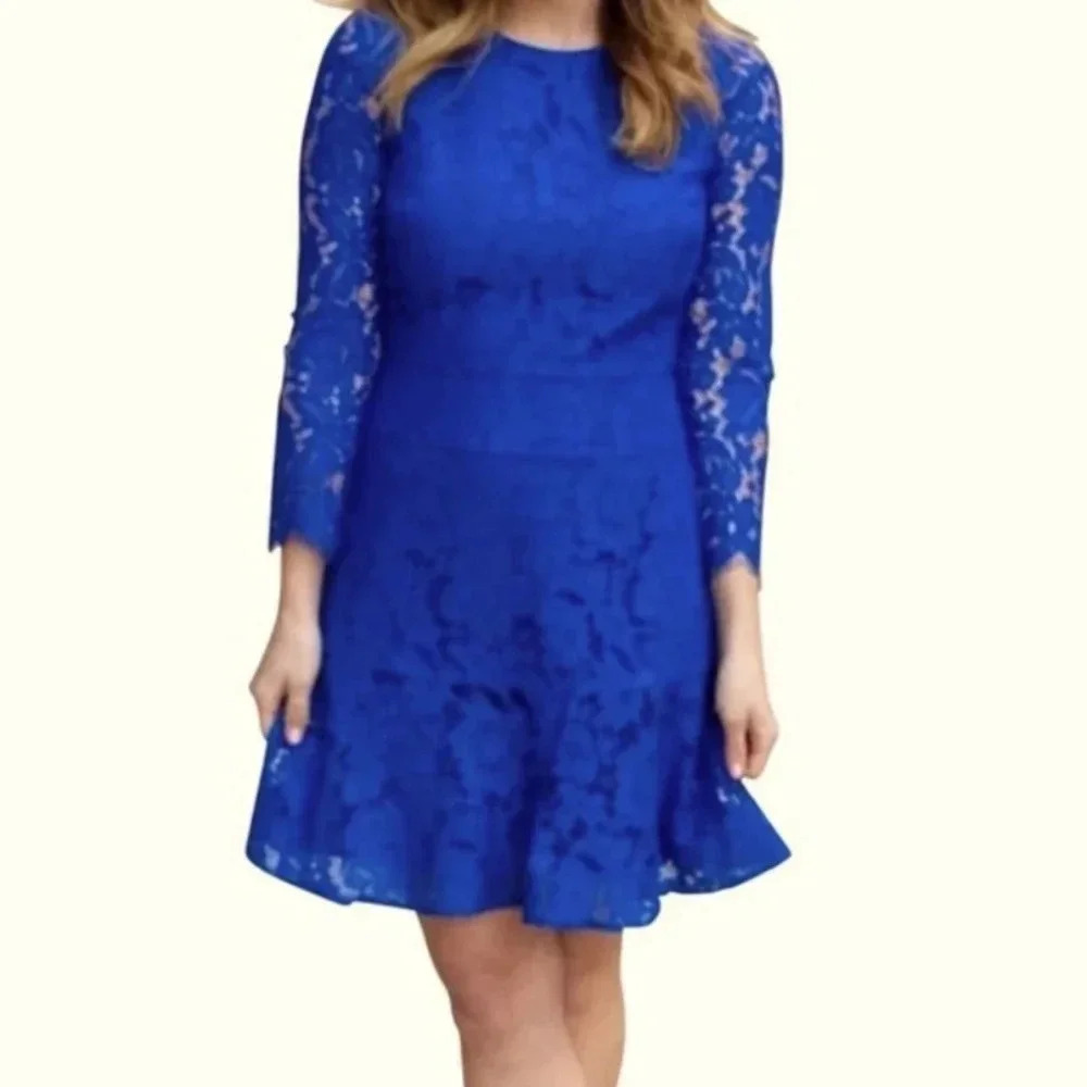 J Crew Long-Sleeve Dress in Floral Lace Style E5036 Blue Size 6